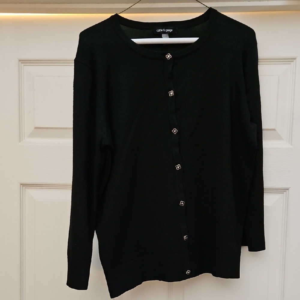 Black Cardigan with Gold And Black Flower Buttons And 3/4 Sleeves